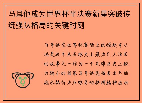 马耳他成为世界杯半决赛新星突破传统强队格局的关键时刻