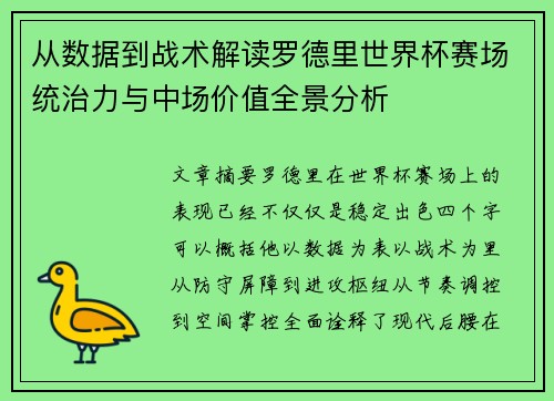 从数据到战术解读罗德里世界杯赛场统治力与中场价值全景分析