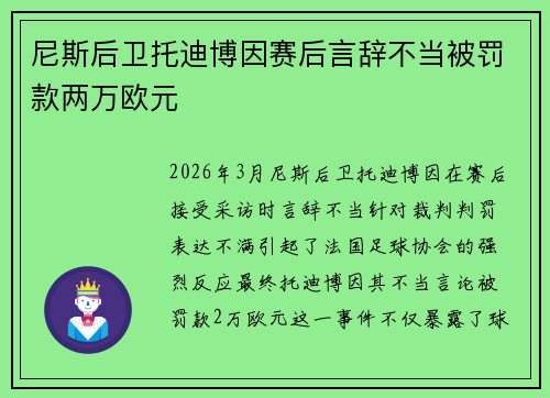 尼斯后卫托迪博因赛后言辞不当被罚款两万欧元