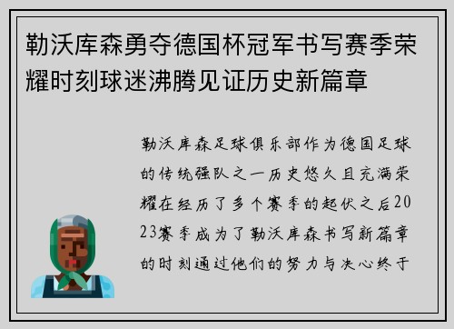 勒沃库森勇夺德国杯冠军书写赛季荣耀时刻球迷沸腾见证历史新篇章